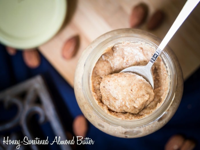 Honey-sweetened almond butter is the perfect mixture of sweet and salty and is as close to a candy bar as you can get without eating one. I always have a jar of it in the fridge and when I need a pick-me-up I go get a scoop full.