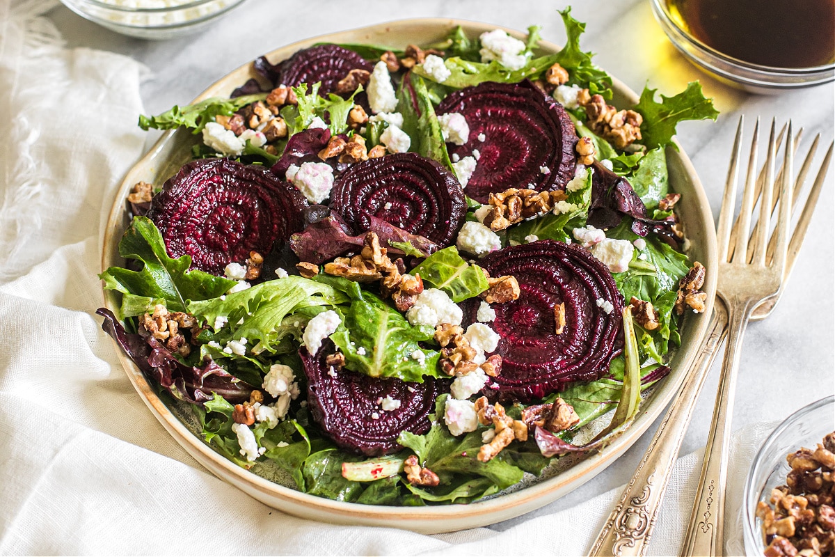 Roasted Beet Salad with Goat Cheese and Pecans