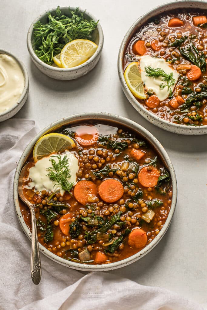 Lentil, Carrot, and Kale Soup with Crème Fraîche and Dill