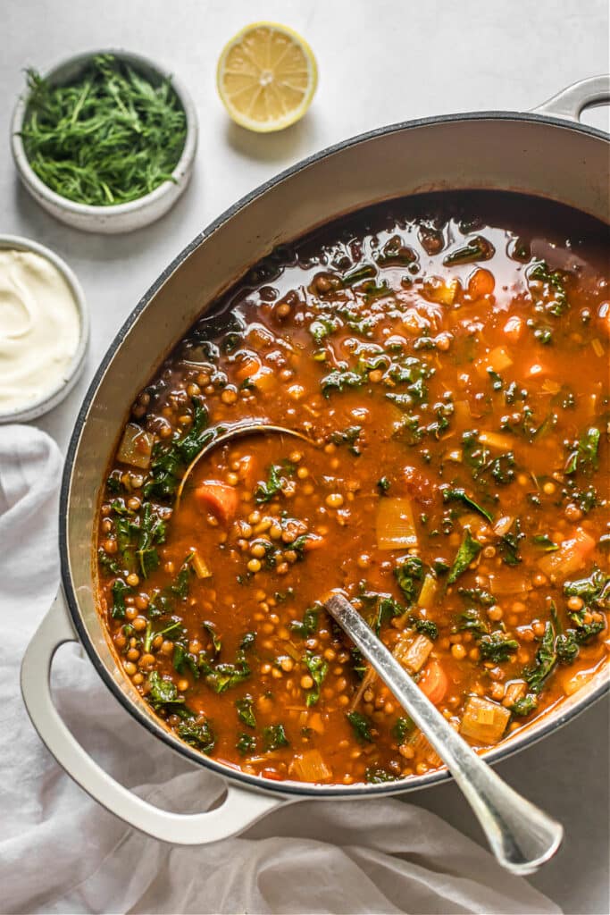 Lentil, Carrot, and Kale Soup with Crème Fraîche and Dill