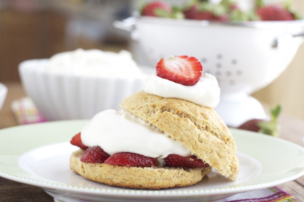 Not too dense, not too sweet, this grain free strawberry shortcake is buttery, flaky, light, with honey-sweetened strawberries and whipped cream.