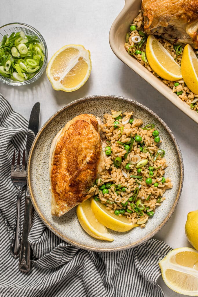 Chicken and Rice with Lemon, Peas, and Scallions