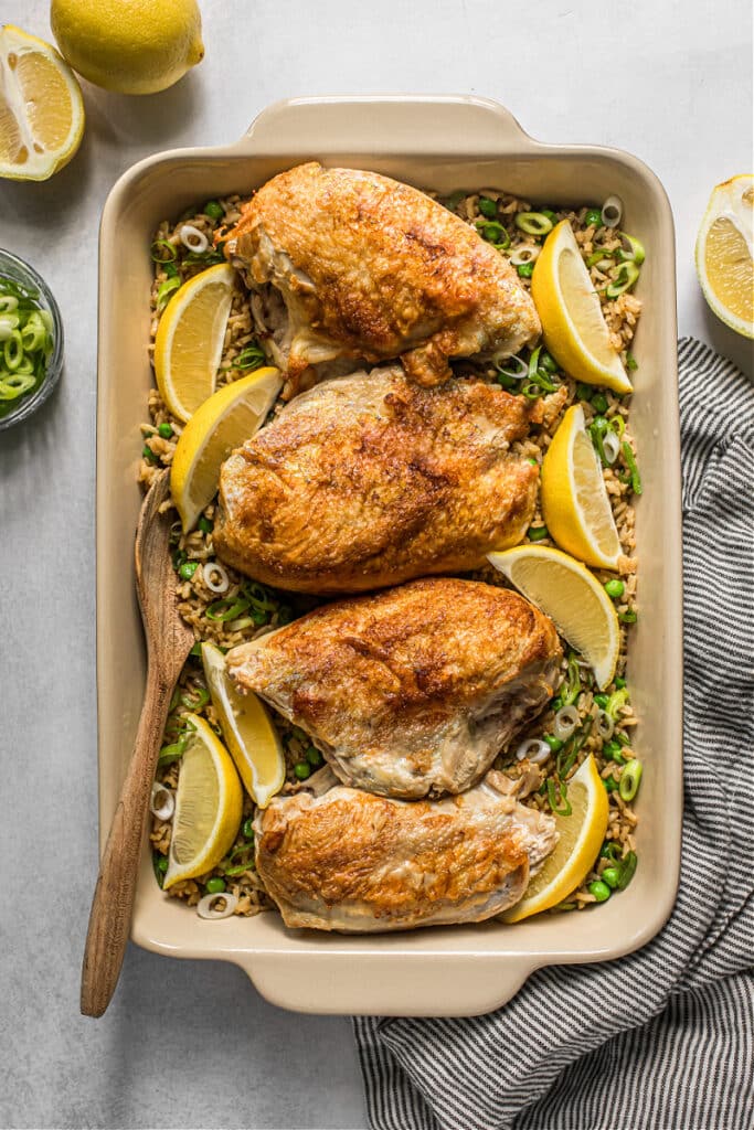 Chicken and Rice with Lemon, Peas, and Scallions