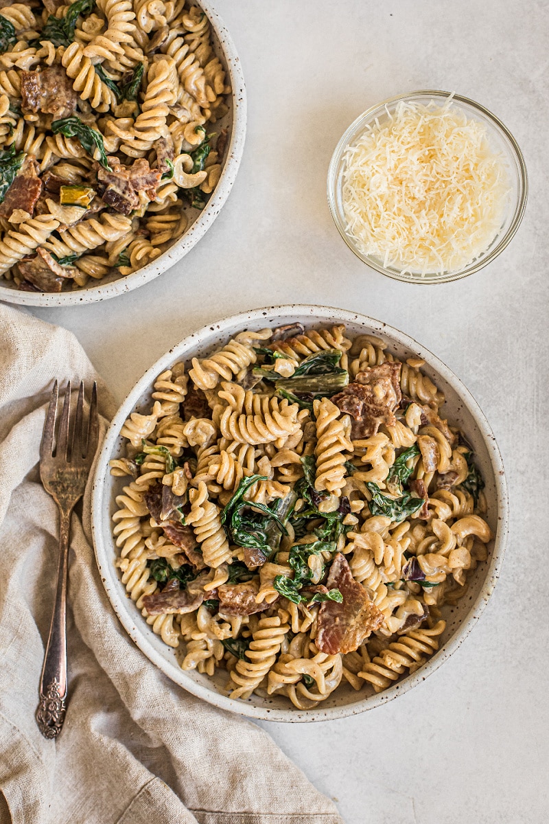 Fusilli with Chard, Bacon, and Red Onions