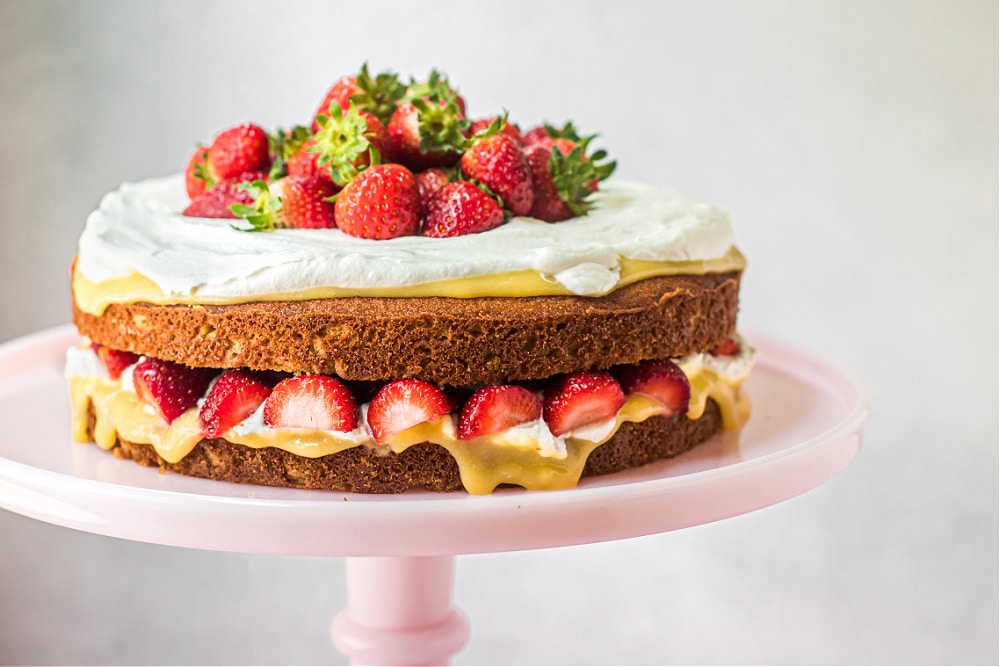Coconut Flour Cake with Lemon Curd, Strawberries and Cream 