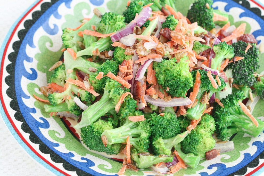 I enjoy the sweet, creamy, crunchy bits, smoky bacon and the sharp bite from the red onions in this broccoli salad.
