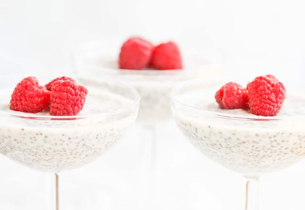 This chia seed pudding has a mousse-like consistency and only takes a few minutes to mix together. It’s great with berries, a little whipped cream or chocolate shavings on top.