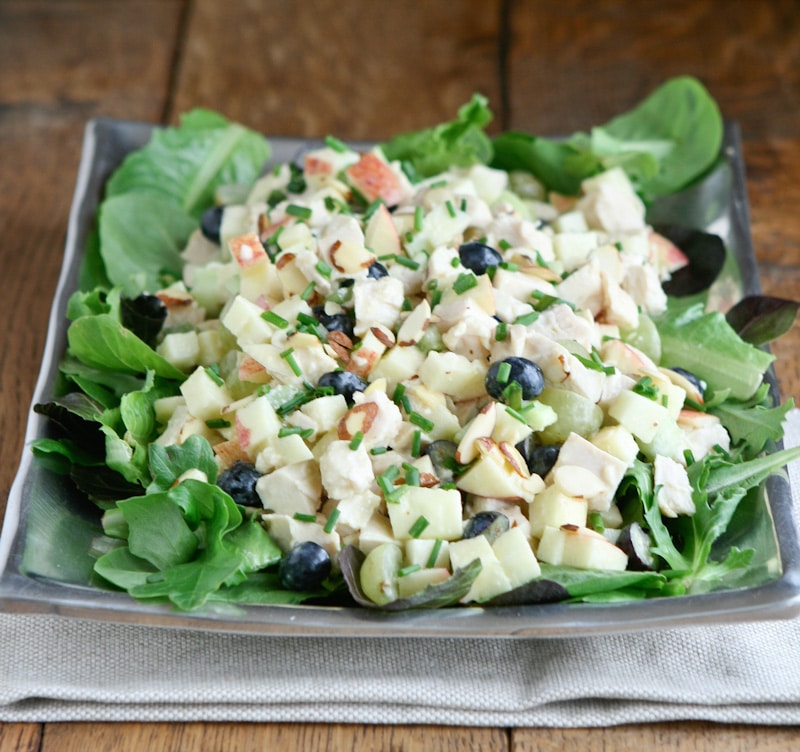 Waldorf salad is a simple combination created at the Waldorf Hotel in New York. I enjoyed chopping up all the ingredients and decided to add a handful of blueberries for extra color and a bit of a sour bite.