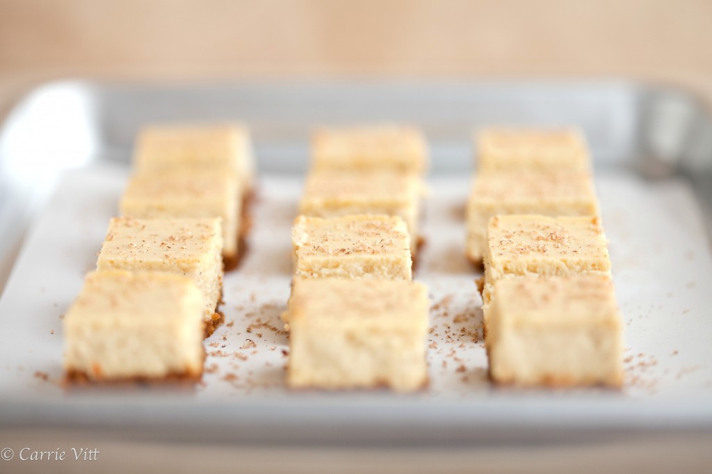 Make these eggnog cheesecake bars using homemade cream cheese for an amazing grain free dessert. Perfect for holiday parties!