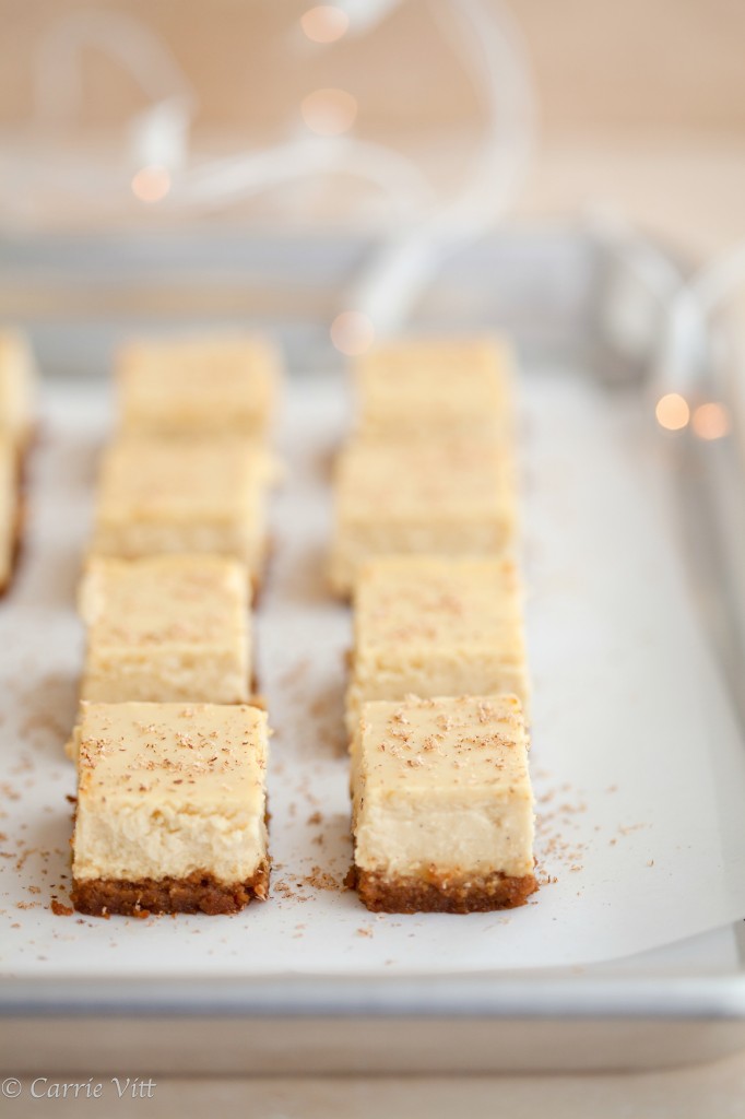 Make these eggnog cheesecake bars using homemade cream cheese for an amazing grain free dessert. Perfect for holiday parties!