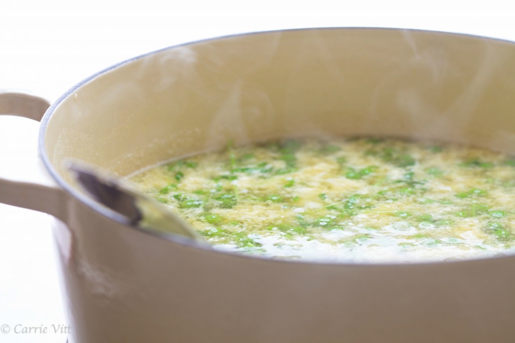 Frozen peas make life easier in the winter months and if you have some stock waiting in the fridge or freezer, you can whip up this egg drop soup in minutes.