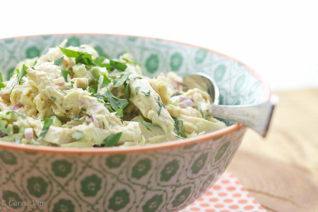 I love a good, basic chicken salad. Nothing frilly or sweet. Organic, pastured meat, homemade mayonnaise, celery, tangy capers and parsley. It's great to eat alone, on grain free crackers, or on a slice of grain-free toast.