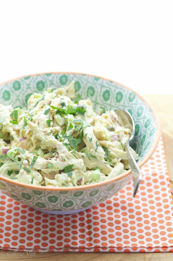 I love a good, basic chicken salad. Nothing frilly or sweet. Organic, pastured meat, homemade mayonnaise, celery, tangy capers and parsley. It's great to eat alone, on grain free crackers, or on a slice of grain-free toast.