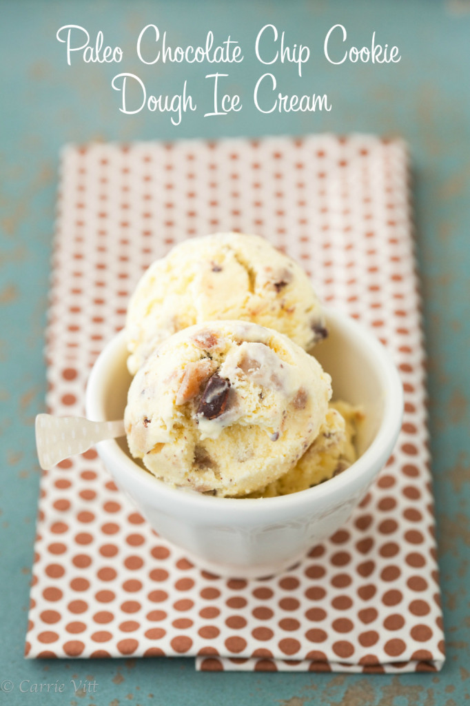 Scoop grain-free cookie dough into small pieces, freeze it, then chop it. Whip up some homemade vanilla ice cream then stir in the cookie dough after it’s frozen. Chocolate Chip Cookie Dough Ice Cream is a treat for a hot and muggy day here in the South.