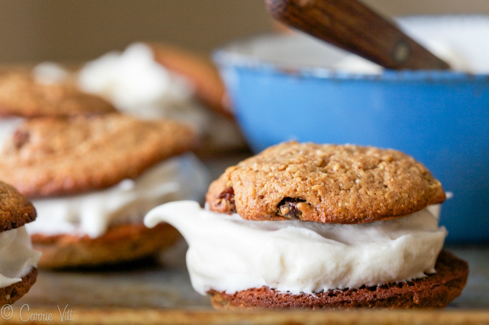 The coconut flakes and cinnamon give the flavor and texture of oatmeal cookies without the grain. You can eat them alone or add a quick and easy marshmallow filling.