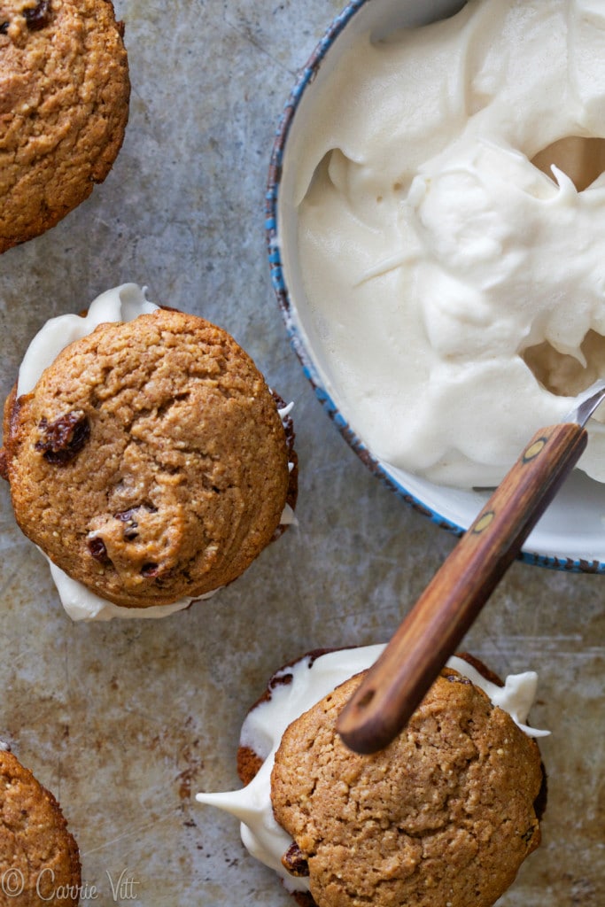 The coconut flakes and cinnamon give the flavor and texture of oatmeal cookies without the grain. You can eat them alone or add a quick and easy marshmallow filling.