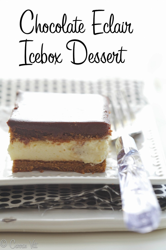 Chocolate Eclair Icebox Dessert - Sweet vanilla pudding folded with whipped cream, layered with graham crackers, and topped with chocolate.