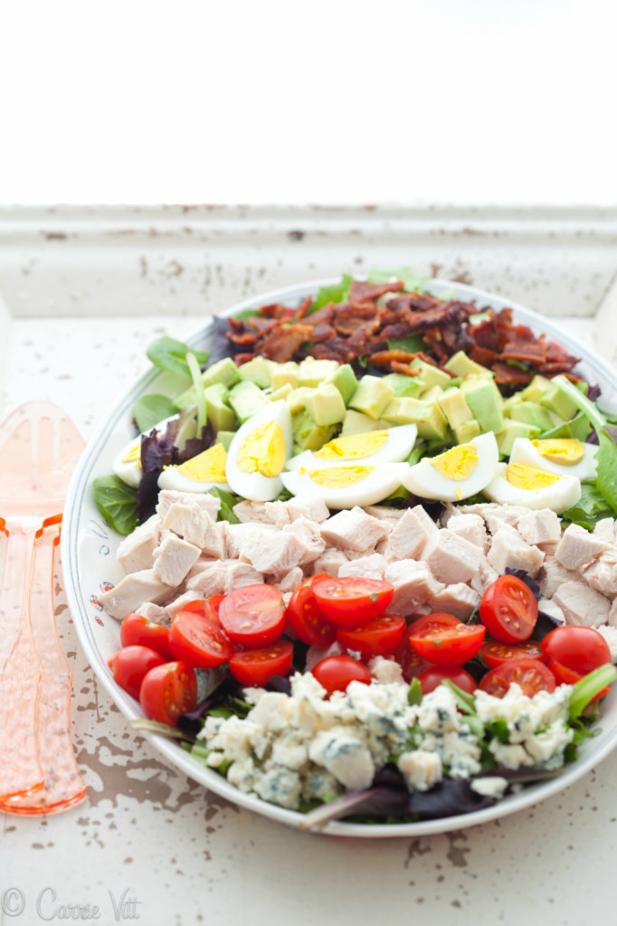 Cobb salad makes for an incredibly filling, classic staple. While some recipes call for a fancy vinaigrette, I like to keep it simple with my favorite - the juice of one lemon, a few 'glugs' of olive oil, sea salt and freshly ground black pepper.