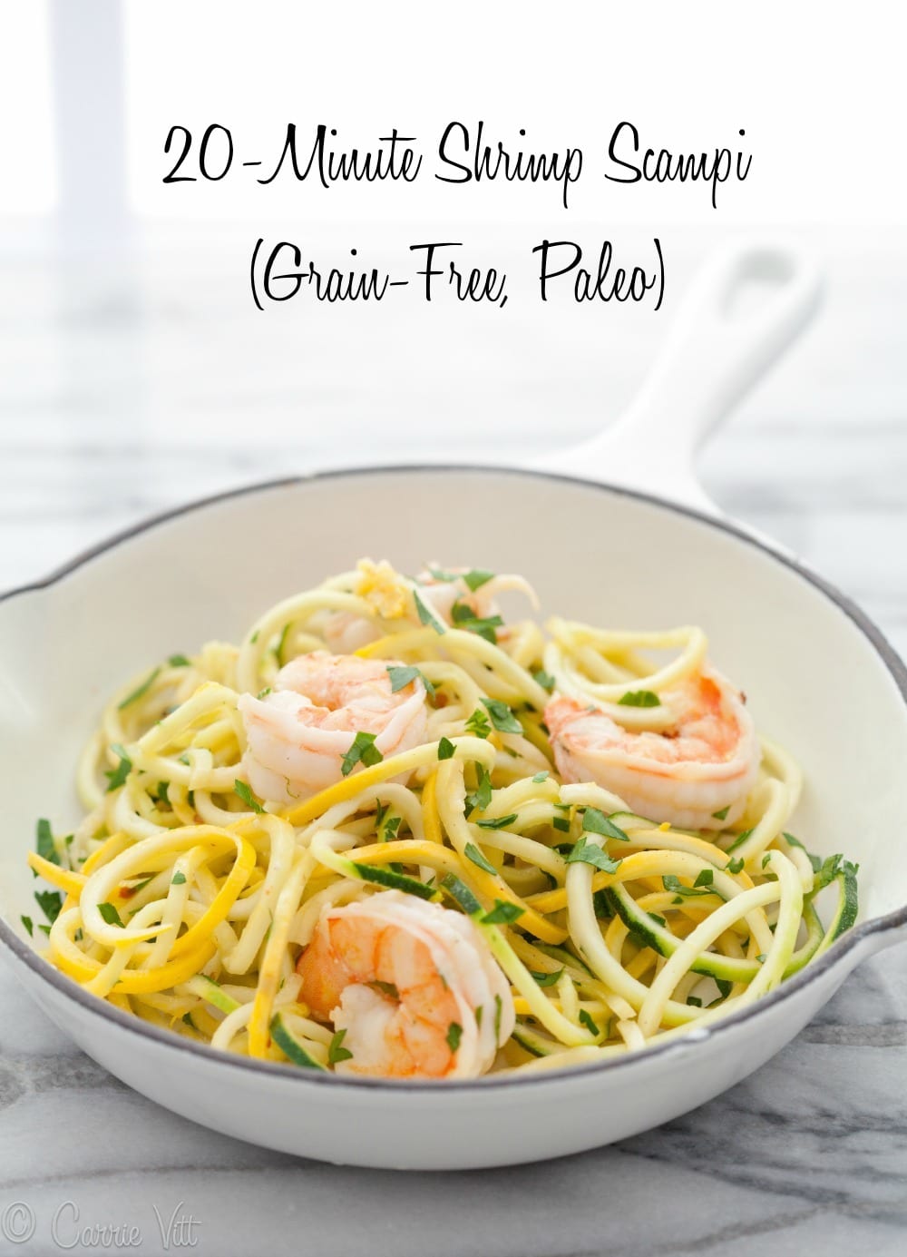 Shrimp scampi in 20 minutes? Yes, please! Fresh shrimp, lemon, parsley, garlic and vegetable noodles make for a quick, spring meal.