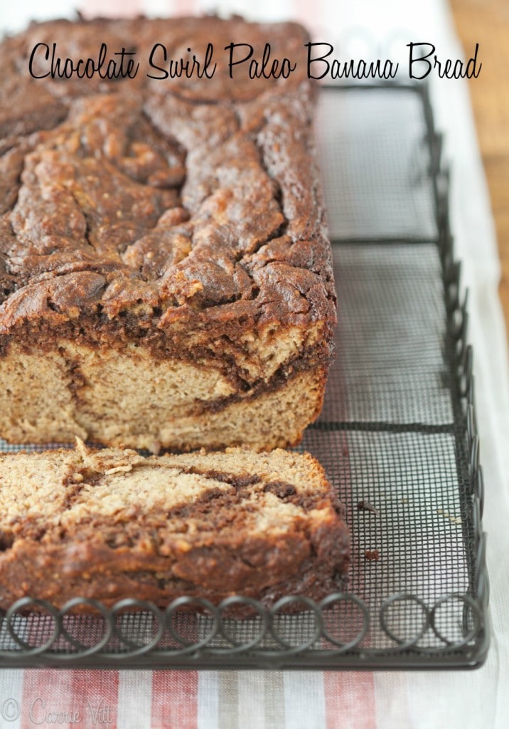 This chocolate swirl paleo banana bread recipe is easy to make and supports many creative variations. You can omit the chocolate swirl and stir in nuts, berries or dried fruit. It makes for a great breakfast or mid-day snack.