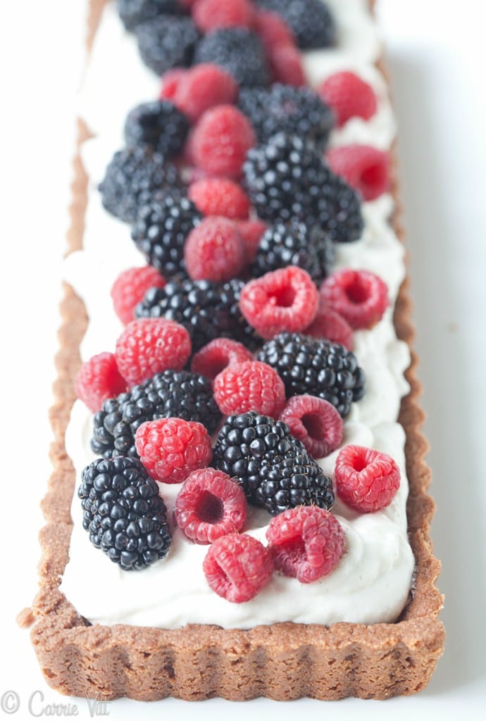 A chocolate berry tart is one of my staple desserts. It's easy to prepare and the colorful berries make it quite the show-stopper. I used a chocolate crust that is a wonderful combination of sweet, chocolate and a touch of salt.