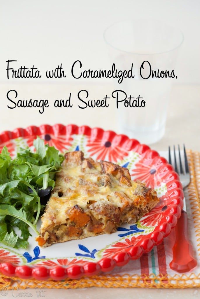 You can make this frittata recipe by mixing up the vegetables, meats, herbs and cheeses. Use white potatoes, omit the cheese, add some greens, etc. Make it your own!