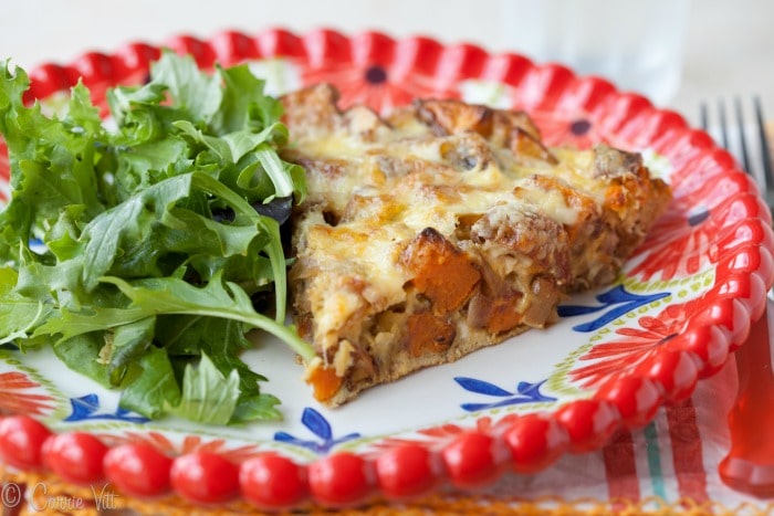 You can make this frittata recipe by mixing up the vegetables, meats, herbs and cheeses. Use white potatoes, omit the cheese, add some greens, etc. Make it your own!