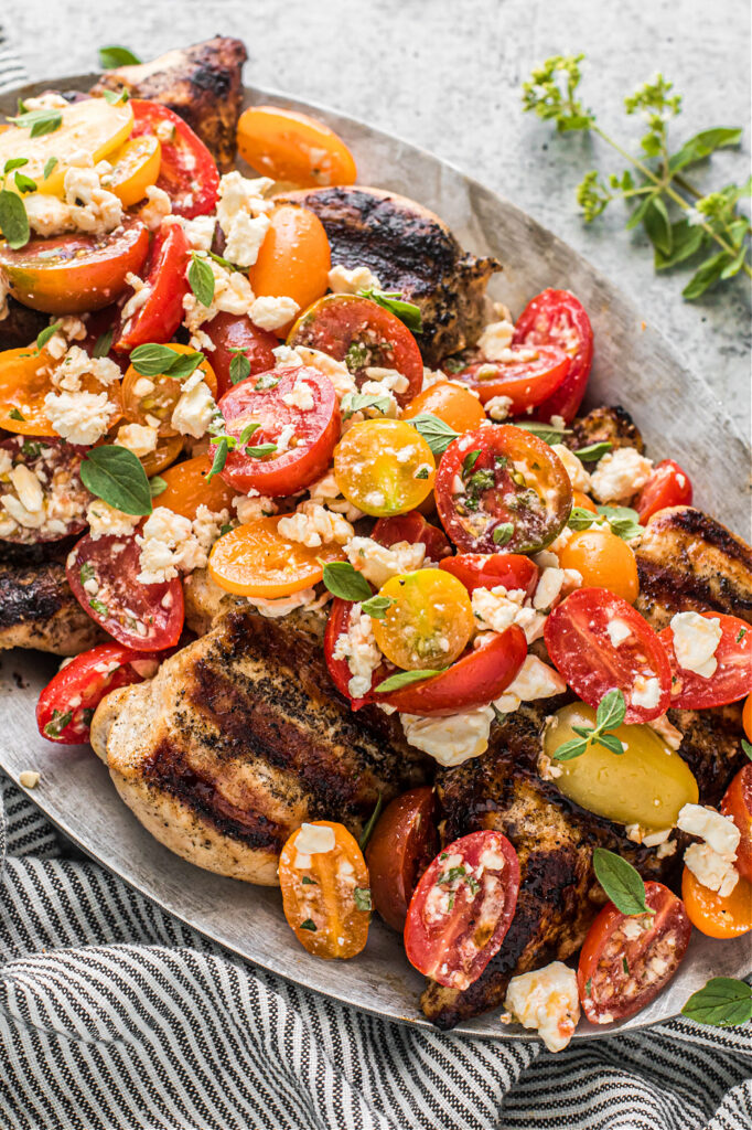 Grilled Lemon Chicken with Tomato and Feta Salad - Deliciously Organic