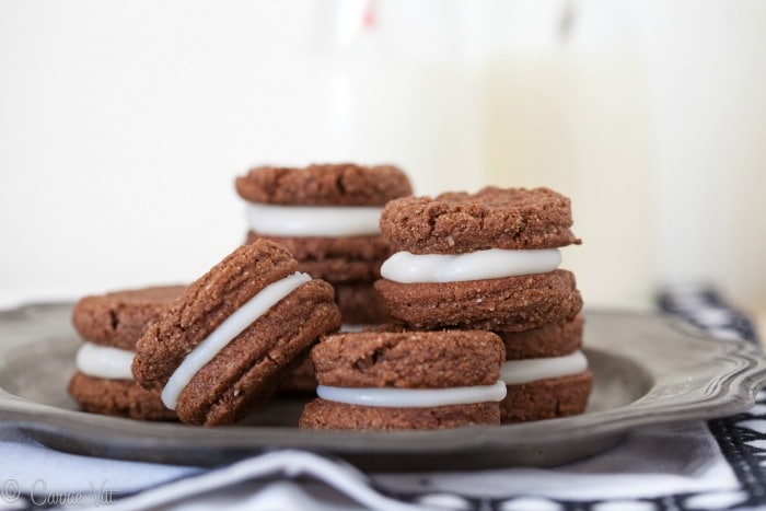 When you take a bite of these delicious chocolate cookies, you're going to say 'Oh!' Filled with a dairy free white frosting, they are simply amazing!