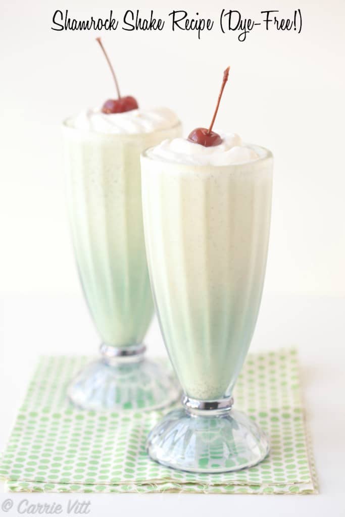 We used organic ice cream, fresh mint, vanilla extract, peppermint oil, whipped cream and dye-free maraschino cherries to make our own Shamrock Shake.