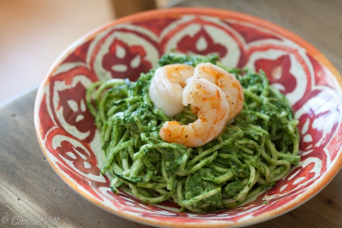 Zucchini Noodles with Kale Pesto and Shrimp