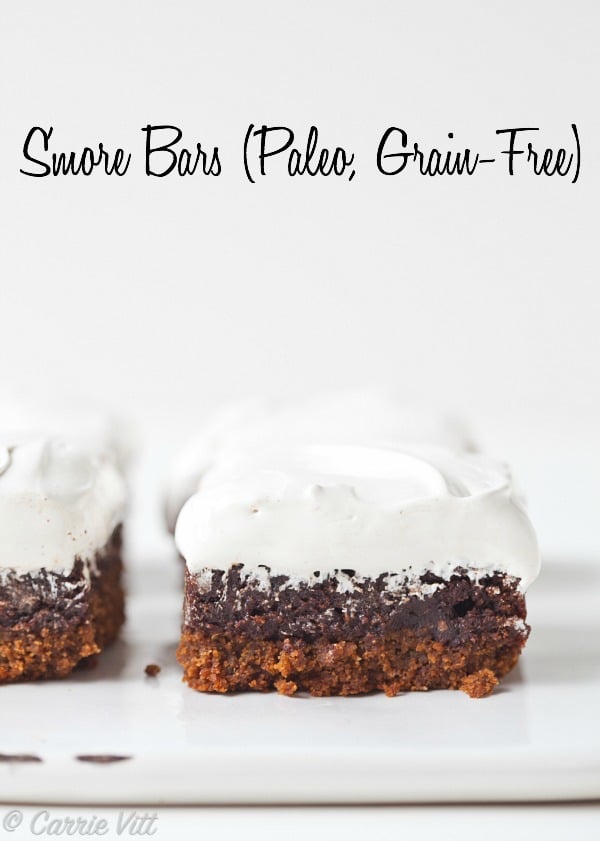 These s'more bars have a grain-free graham cracker cookie crust, fudgy chocolate brownie middle and a homemade marshmallow fluff topping.