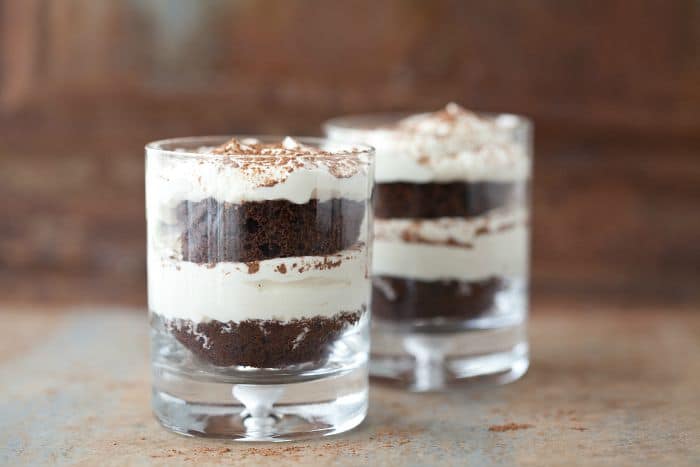 For this chocolate tiramisu recipe I used nut-free chocolate cake in place of the ladyfingers then added whipped cream, cocoa powder and coffee to make a simple and beautiful dessert.