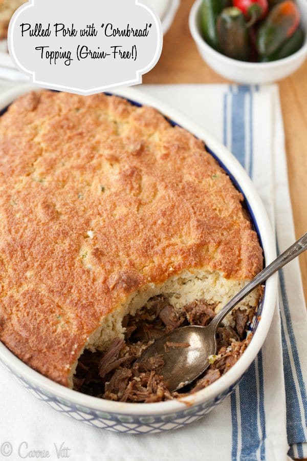 This pulled pork with a grain free cornbread topping is perfect for a potluck or just dinner with the family.