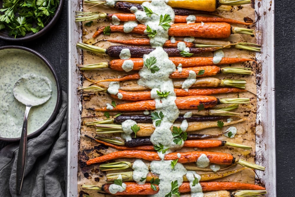 orange carrots with yogurt parsley dressing Roasted Carrots with Parsley-Yogurt Sauce (Gluten-Free)
