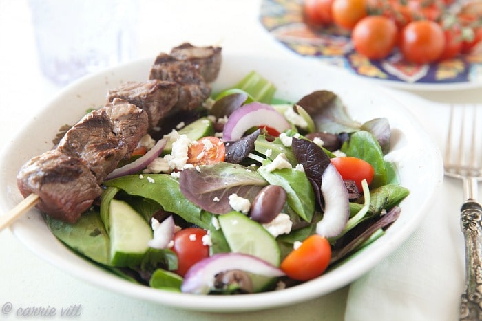 Greek Salad with Beef Kabobs