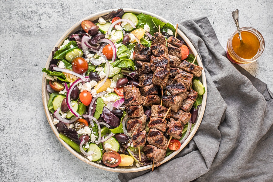 Greek Salad with Beef Kabobs