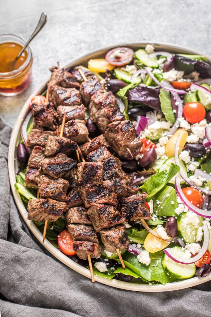 Greek Salad with Beef Kabobs