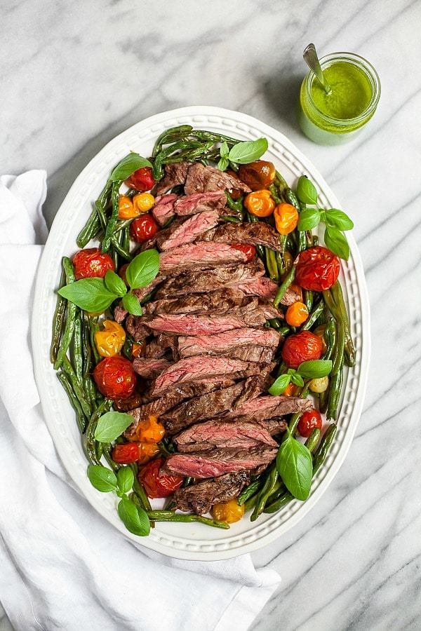 Skirt Steak with Green Beans, Tomatoes and Basil Vinaigrette 