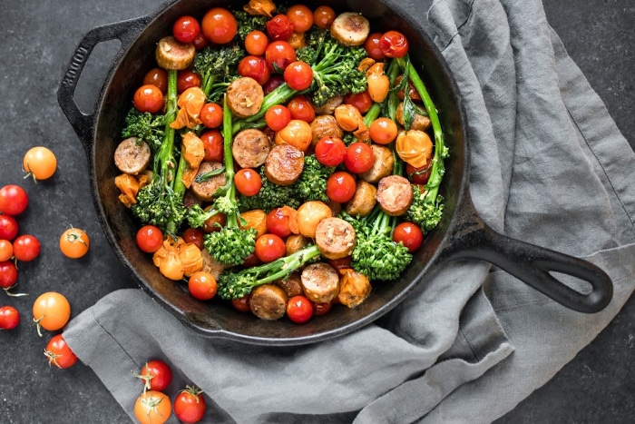 Sausage, Cherry Tomato and Broccoli Skillet 