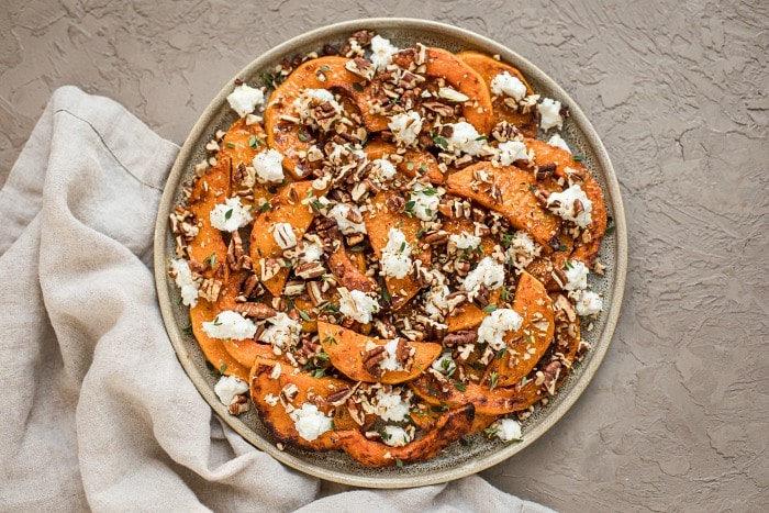 Roasted Butternut Squash with Goat Cheese and Pecans