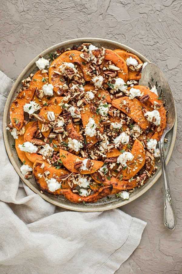 Roasted Butternut Squash with Goat Cheese and Pecans - Deliciously Organic