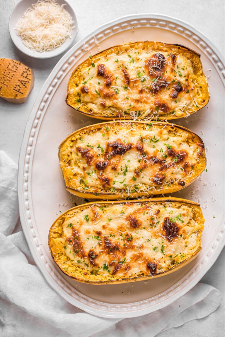 Chicken Alfredo Spaghetti Squash Boats - Deliciously Organic - Carrie ...